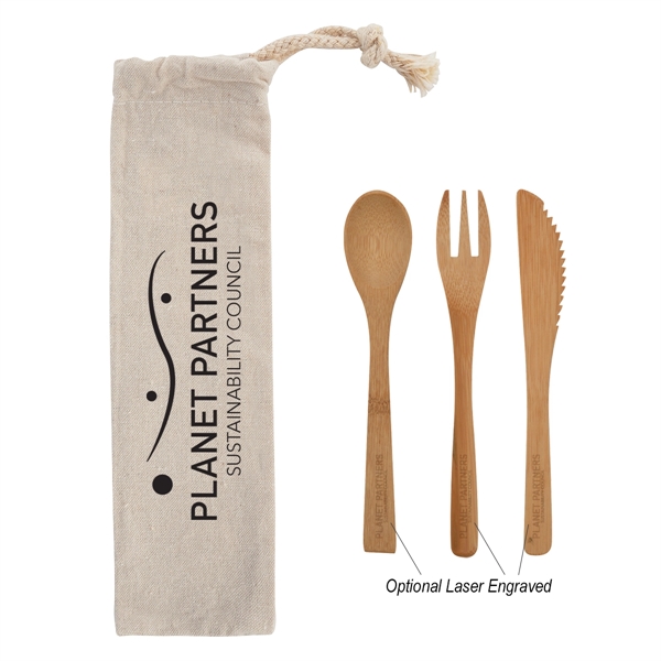 3 Piece Bamboo Utensil Set In Travel Pouch - 3 Piece Bamboo Utensil Set In Travel Pouch - Image 0 of 4