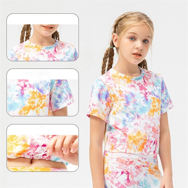 Girl's Short Sleeve Tie Dye Crop Top  with Adjustable Hem - Girl's Short Sleeve Tie Dye Crop Top  with Adjustable Hem - Image 2 of 4