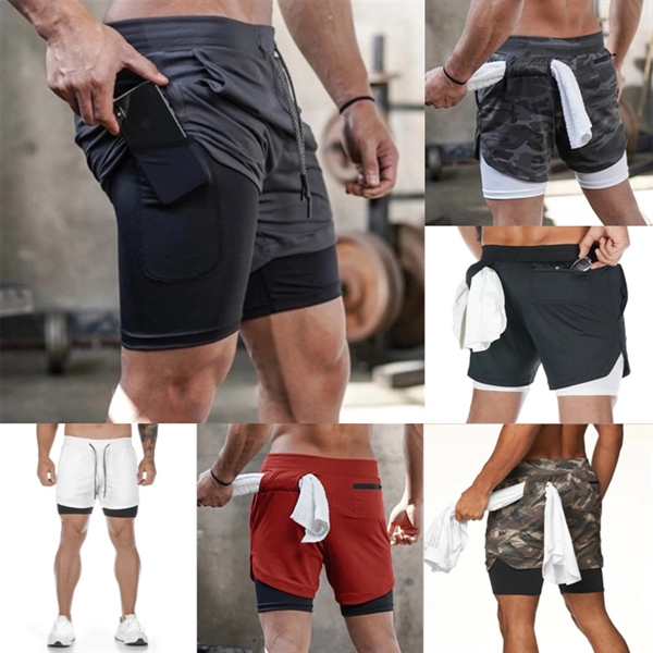 Men 2 In 1 Double-Deck Quick Dry Gym Sports Camo Shorts - Men 2 In 1 Double-Deck Quick Dry Gym Sports Camo Shorts - Image 0 of 8