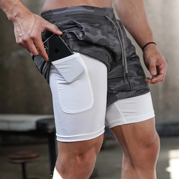 Men 2 In 1 Double-Deck Quick Dry Gym Sports Camo Shorts - Men 2 In 1 Double-Deck Quick Dry Gym Sports Camo Shorts - Image 1 of 8