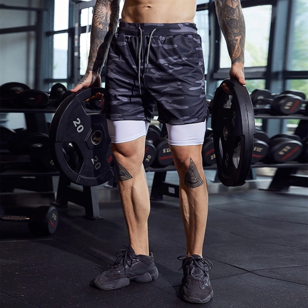 Men 2 In 1 Double-Deck Quick Dry Gym Sports Camo Shorts - Men 2 In 1 Double-Deck Quick Dry Gym Sports Camo Shorts - Image 4 of 8