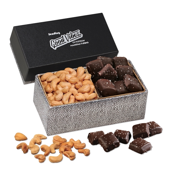 Cashews & Chocolate Sea Salt Caramels in Black & Silver Box - Cashews & Chocolate Sea Salt Caramels in Black & Silver Box - Image 0 of 1