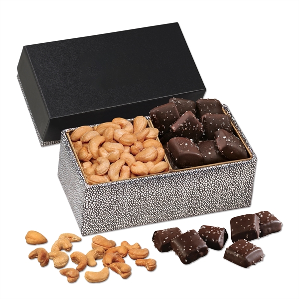 Cashews & Chocolate Sea Salt Caramels in Black & Silver Box - Cashews & Chocolate Sea Salt Caramels in Black & Silver Box - Image 1 of 1