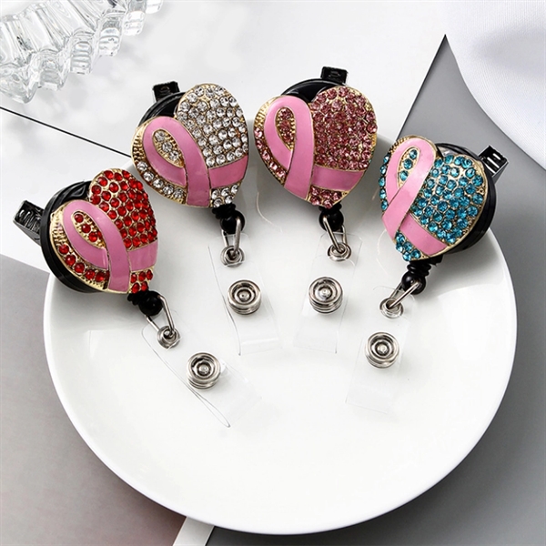 Rhinestone Ribbon Badge Holder - Heart Shape Retractable ID - Rhinestone Ribbon Badge Holder - Heart Shape Retractable ID - Image 1 of 9