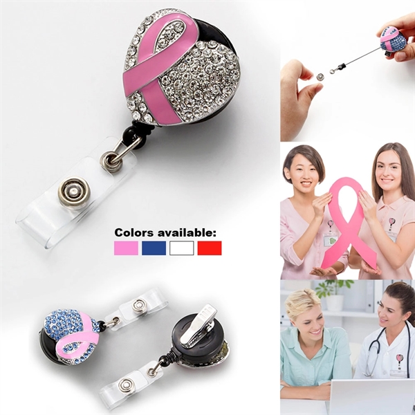 Rhinestone Ribbon Badge Holder - Heart Shape Retractable ID - Rhinestone Ribbon Badge Holder - Heart Shape Retractable ID - Image 0 of 9