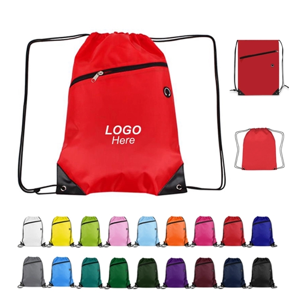210D Polyester Drawstring Backpack w/ Zipper - 210D Polyester Drawstring Backpack w/ Zipper - Image 0 of 18