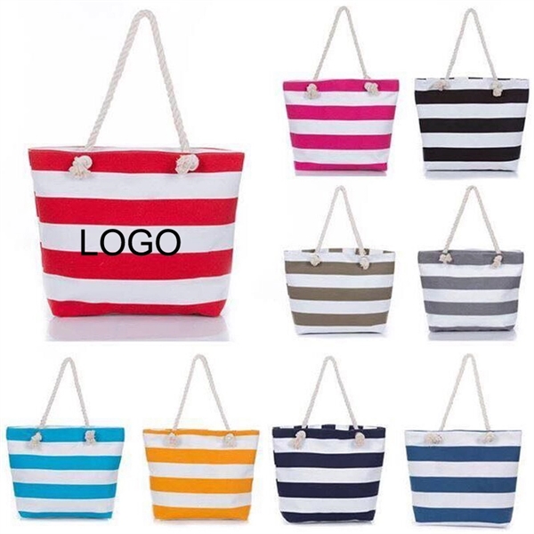Large Striped Canvas Beach Bag With Cotton Rope Handles - Large Striped Canvas Beach Bag With Cotton Rope Handles - Image 0 of 2