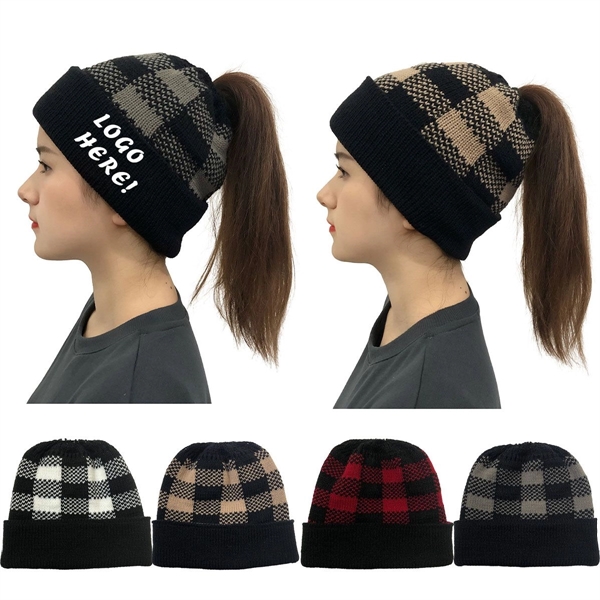 Lady Leopard Print Ponytail Knit Beanie Hat - Lady Leopard Print Ponytail Knit Beanie Hat - Image 0 of 8