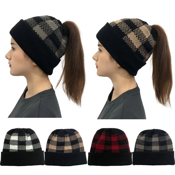 Lady Leopard Print Ponytail Knit Beanie Hat - Lady Leopard Print Ponytail Knit Beanie Hat - Image 1 of 8