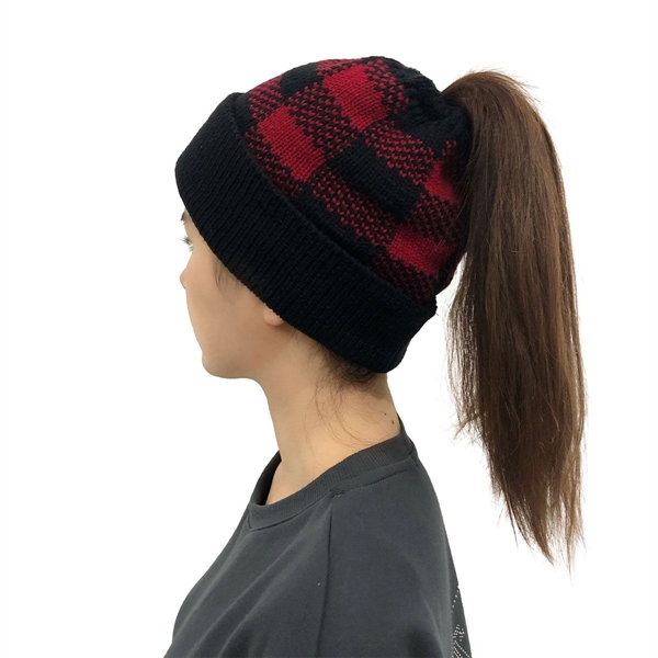 Lady Leopard Print Ponytail Knit Beanie Hat - Lady Leopard Print Ponytail Knit Beanie Hat - Image 2 of 8