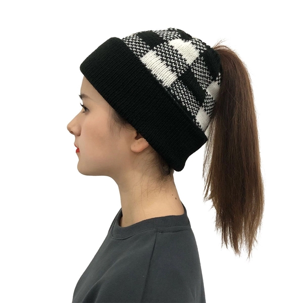 Lady Leopard Print Ponytail Knit Beanie Hat - Lady Leopard Print Ponytail Knit Beanie Hat - Image 3 of 8