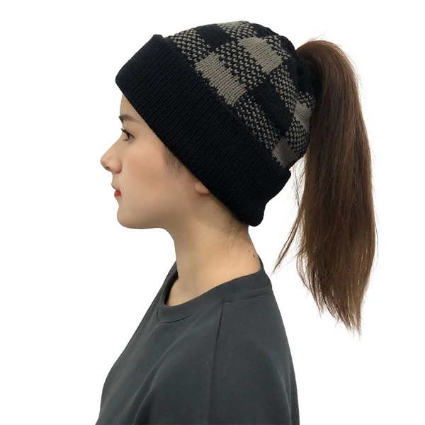 Lady Leopard Print Ponytail Knit Beanie Hat - Lady Leopard Print Ponytail Knit Beanie Hat - Image 4 of 8