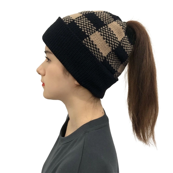 Lady Leopard Print Ponytail Knit Beanie Hat - Lady Leopard Print Ponytail Knit Beanie Hat - Image 5 of 8