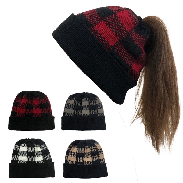 Lady Leopard Print Ponytail Knit Beanie Hat - Lady Leopard Print Ponytail Knit Beanie Hat - Image 6 of 8