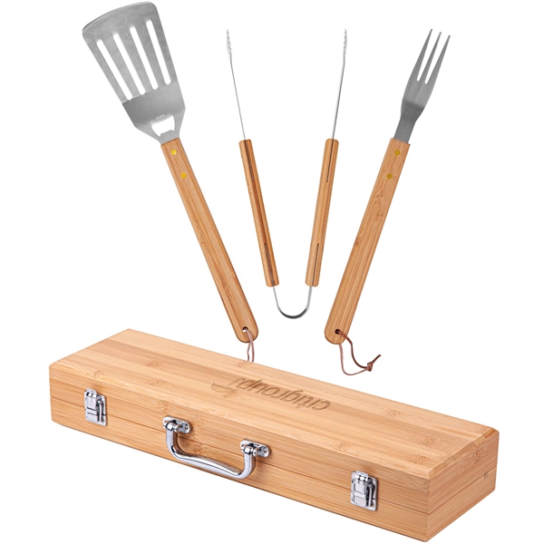 3-Piece BBQ Grill Utensil Set with Bamboo Case - 3-Piece BBQ Grill Utensil Set with Bamboo Case - Image 0 of 7