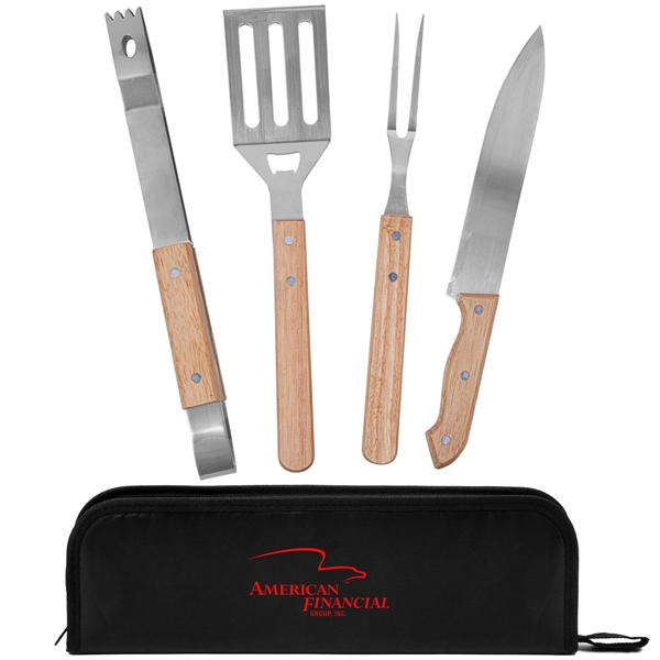 4-Piece Bamboo BBQ Grill Set with Polyester Carry Case - 4-Piece Bamboo BBQ Grill Set with Polyester Carry Case - Image 0 of 4