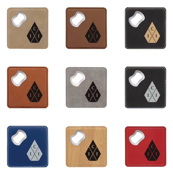 Square Leatherette Coaster w/ Bottle Opener - Square Leatherette Coaster w/ Bottle Opener - Image 1 of 1