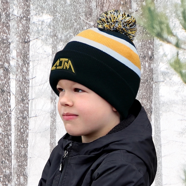 Junior Stripe Rib Knit - Acrylic Cuff Toque (Pom Pom) - Junior Stripe Rib Knit - Acrylic Cuff Toque (Pom Pom) - Image 0 of 8