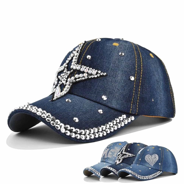 Women Loving Heart Bling Rhinestone Jeans Baseball Cap - Women Loving Heart Bling Rhinestone Jeans Baseball Cap - Image 0 of 3