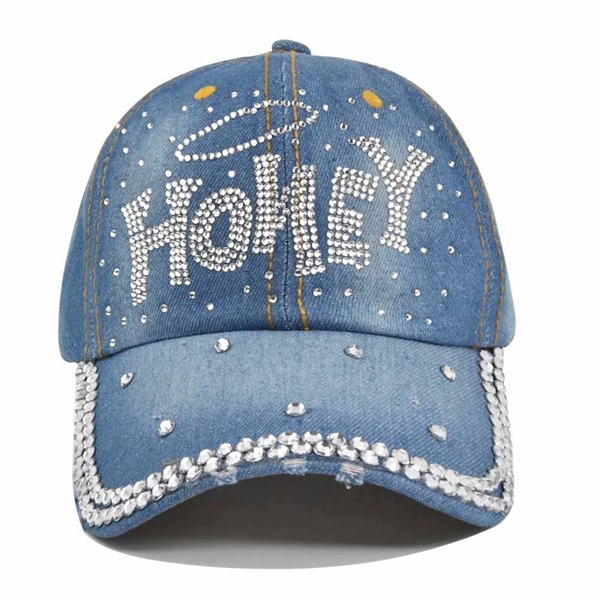 Women Loving Heart Bling Rhinestone Jeans Baseball Cap - Women Loving Heart Bling Rhinestone Jeans Baseball Cap - Image 1 of 3