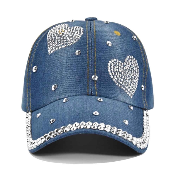 Women Loving Heart Bling Rhinestone Jeans Baseball Cap - Women Loving Heart Bling Rhinestone Jeans Baseball Cap - Image 2 of 3