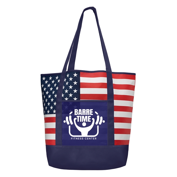 American Flag Non-Woven Tote Bag w/ 210D Pocket - American Flag Non-Woven Tote Bag w/ 210D Pocket - Image 1 of 2