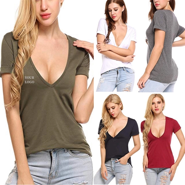 Short Sleeve Deep V Neck T-Shirts For Women - Short Sleeve Deep V Neck T-Shirts For Women - Image 0 of 2