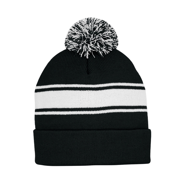 Striped Pom Beanie with Cuff - Striped Pom Beanie with Cuff - Image 7 of 7