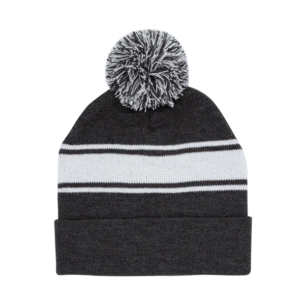 Striped Pom Beanie with Cuff - Striped Pom Beanie with Cuff - Image 6 of 7