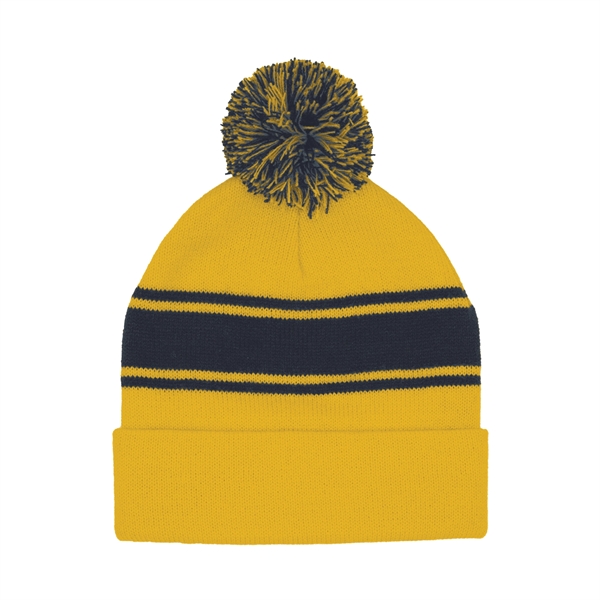 Striped Pom Beanie with Cuff - Striped Pom Beanie with Cuff - Image 3 of 7