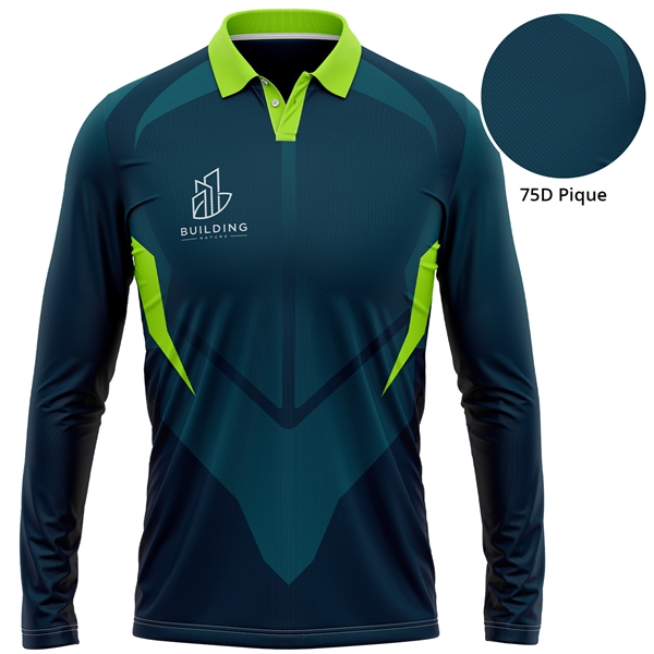 Unisex 75D Pique Sublimation Long Sleeve Polo - Unisex 75D Pique Sublimation Long Sleeve Polo - Image 0 of 1