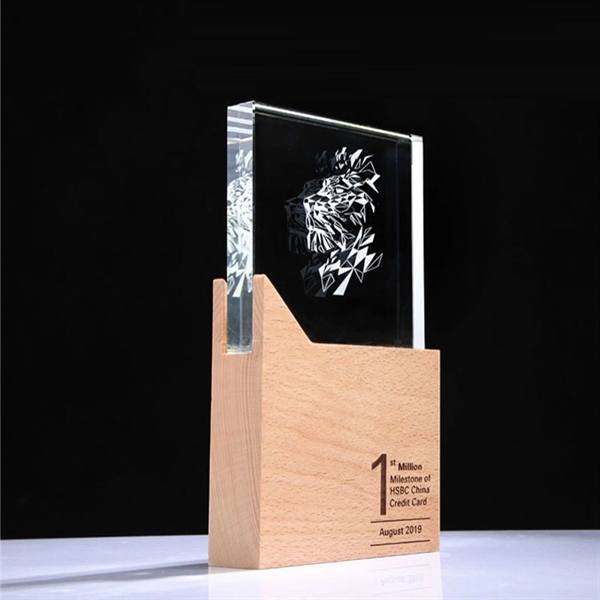 Engraved Crystal Trophy Award With Wooden Base - Engraved Crystal Trophy Award With Wooden Base - Image 1 of 5