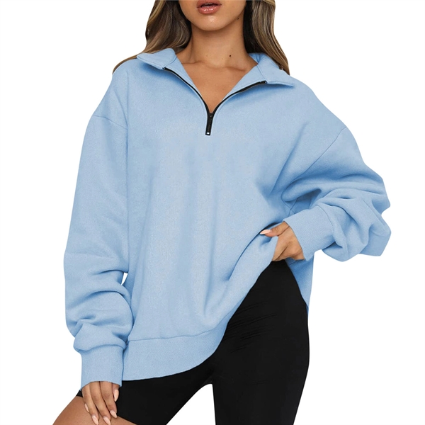 Womens Oversized Half Zip Pullover Long Sleeve Sweatshirt - Womens Oversized Half Zip Pullover Long Sleeve Sweatshirt - Image 5 of 12