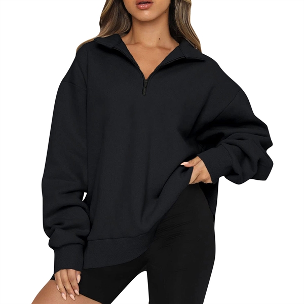 Womens Oversized Half Zip Pullover Long Sleeve Sweatshirt - Womens Oversized Half Zip Pullover Long Sleeve Sweatshirt - Image 7 of 12
