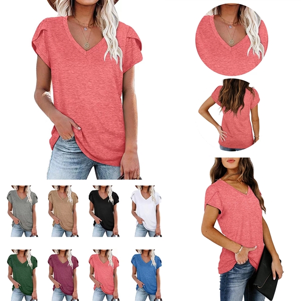 Womens Petal Tops V Neck Short Sleeve - Womens Petal Tops V Neck Short Sleeve - Image 0 of 11