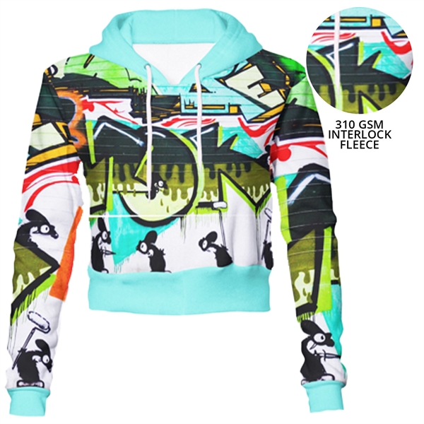 Women's 310 GSM Interlock Fleece Sublimation Midriff Hoodies - Women's 310 GSM Interlock Fleece Sublimation Midriff Hoodies - Image 0 of 1