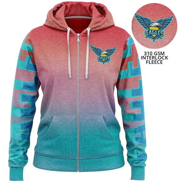 Women's 310 GSM Fleece Sublimation Full Zip Hoodie w/ Pocket - Women's 310 GSM Fleece Sublimation Full Zip Hoodie w/ Pocket - Image 0 of 1