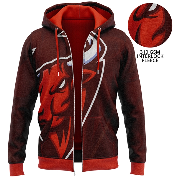 Unisex 310 GSM Fleece Sublimation Full Zip Hoodie w/ Pocket - Unisex 310 GSM Fleece Sublimation Full Zip Hoodie w/ Pocket - Image 0 of 1