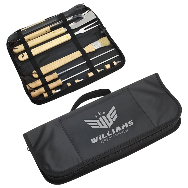 Custom Redwood 10-piece Stainless Steel BBQ Set with Carrying Bag