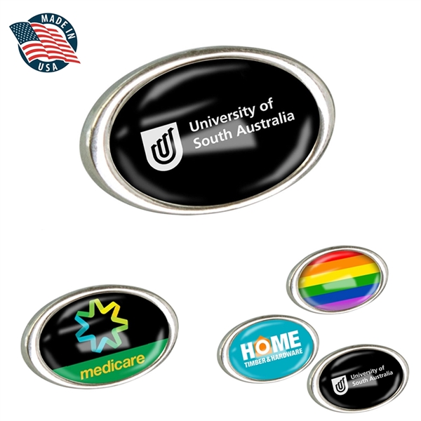 1-1/4" x 7/8" Oval Graphic Pin - Made In USA - 1-1/4" x 7/8" Oval Graphic Pin - Made In USA - Image 0 of 4