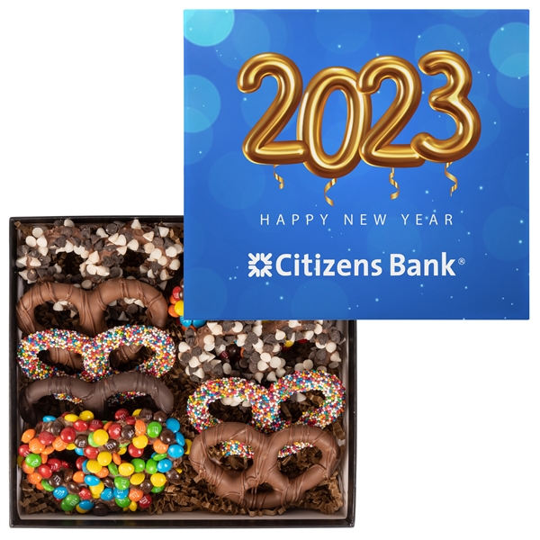 New Year Premier Chocolate Pretzel Gift Box w/Full Color Lid - New Year Premier Chocolate Pretzel Gift Box w/Full Color Lid - Image 2 of 3