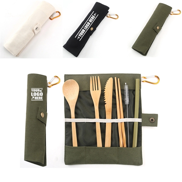 Bamboo 7 Pcs Cutlery Set With Mountaineering Buckle - Bamboo 7 Pcs Cutlery Set With Mountaineering Buckle - Image 0 of 4