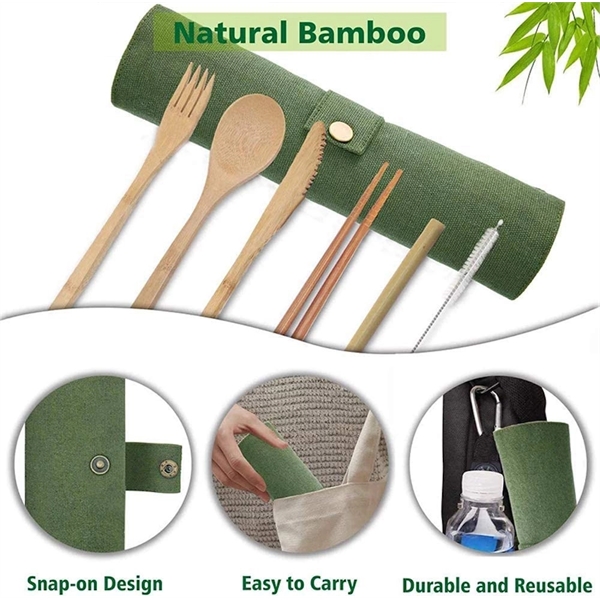 Bamboo 7 Pcs Cutlery Set With Mountaineering Buckle - Bamboo 7 Pcs Cutlery Set With Mountaineering Buckle - Image 1 of 4