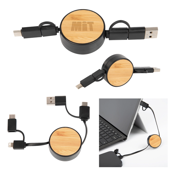 Bamboo Retractable 3-in-1 Charging Cable - Bamboo Retractable 3-in-1 Charging Cable - Image 0 of 4