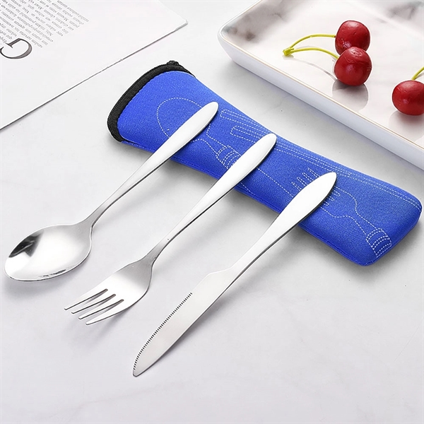 3-Piece Stainless Steel Traveling Cutlery W/ Carrying Bag - 3-Piece Stainless Steel Traveling Cutlery W/ Carrying Bag - Image 1 of 4