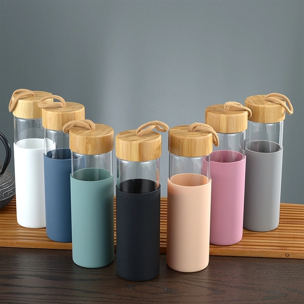 Glass Water Bottle with Bamboo Lid and Silicone 17oz - Glass Water Bottle with Bamboo Lid and Silicone 17oz - Image 0 of 3