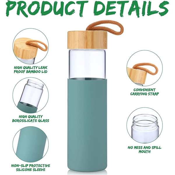 Glass Water Bottle with Bamboo Lid and Silicone 17oz - Glass Water Bottle with Bamboo Lid and Silicone 17oz - Image 3 of 3