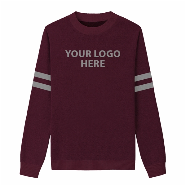 Custom Cotton Blend Jacquard Logo Sweater w Athletic Stripes - Custom Cotton Blend Jacquard Logo Sweater w Athletic Stripes - Image 1 of 6