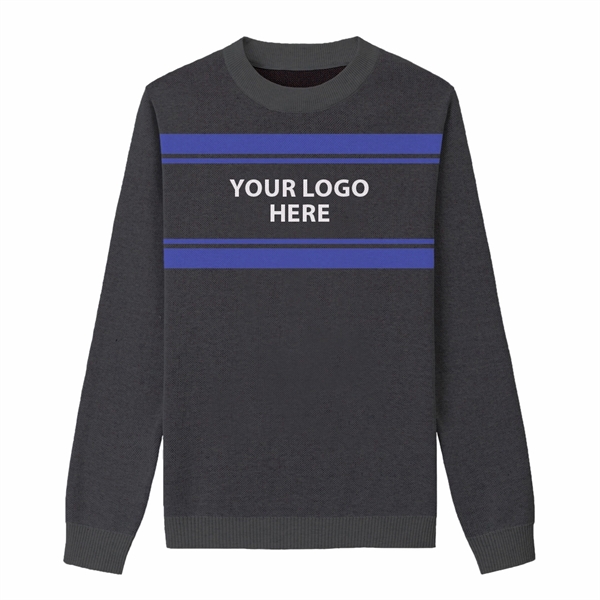 Custom Cotton Blend Jacquard Logo Sweater w/ Banner Stripes - Custom Cotton Blend Jacquard Logo Sweater w/ Banner Stripes - Image 1 of 7