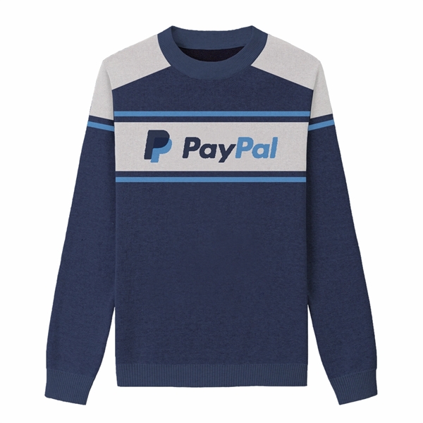 Custom Cotton Blend Jacquard Logo Sweater w/ Banner Stripes - Custom Cotton Blend Jacquard Logo Sweater w/ Banner Stripes - Image 6 of 7